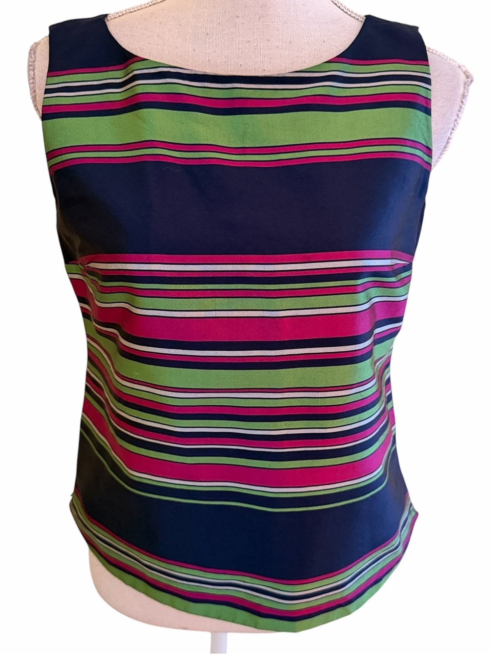 Talbots Striped Navy, Green & Pink Silk Sleeveless Shell 6P